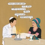 איור של 2 דמויות בקידוש שבת "לשנה טובה תכתבי ותחתמי!" "לאלתר לחיים!" "כתיבה וחתימה טובה!" "וכן למר!" "מועדים לשמחה!" "חגים וזמנים לששון!"