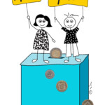 שני ילדים עומדים על קופת צדקה ואוחזים בשלטים צדק