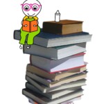 איור של ילד קטן קורא בספר יושב על ערימת ספרים