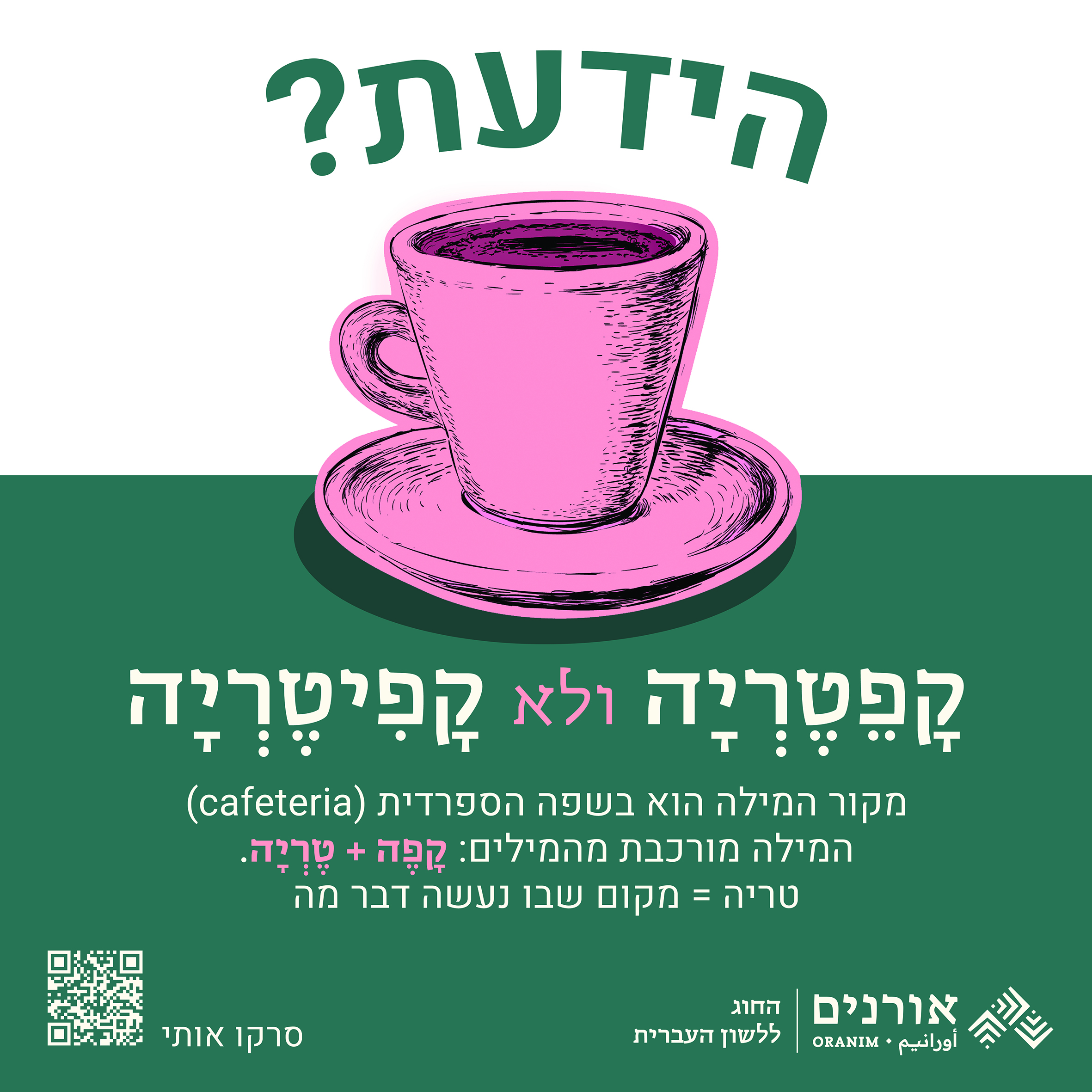 הידעת? קפטריה ולא קפיטריה מקור המילה הוא בשפה הספרדית (cafeteria) המילה מואכבת מהמילים: קפה+ טריה. טריה = מקום שבו נעשה דבר מה.