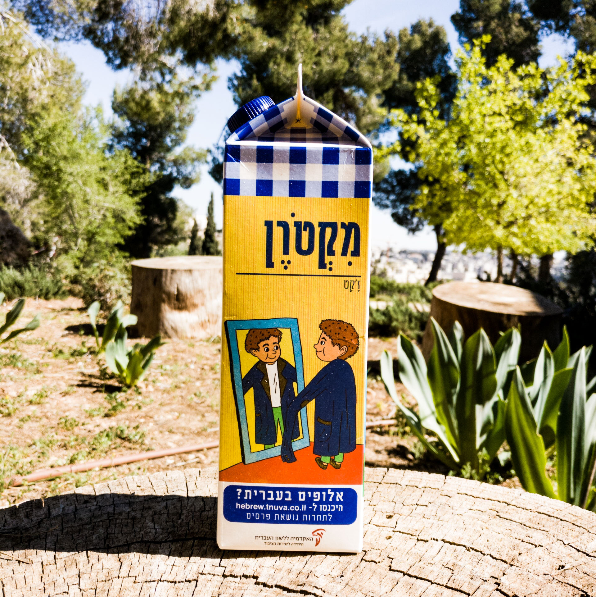 צילום קרטון חלב ועליו איור מילה מחודשת ז'קט-מקטרן