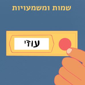 שמות ומשמעויות- עוזי איור יד אוחזת בתג שם "עוזי" וכיתוב "שמות ומשמעויות"