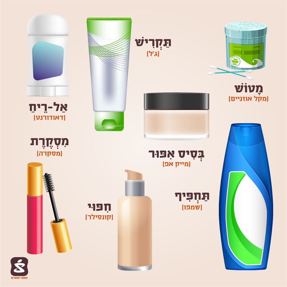 איור מוצרי קוסמטיקה תמרוקים ושמותיהם בעברית "מטוש – מקל אוזניים, תקריש – ג'ל, אל-ריח – דאודורנט, בסיס אפור – מייק אפ, תחפיף – שמפו, חפוי – קונסילר, מסקרת – מסקרה"