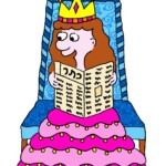 איור של מלכה יושבת על כס וקוראת דך נייר ועליו המילה כתר