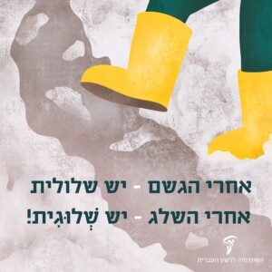 זוג מגפיים צהובים בתוך שלוגית (השלג שנותר, המכונה באנגלית slush). על התמונה מופיע הכיתוב: אחרי הגשם - יש שלולית, אחרי השלג - יש שלוגית.