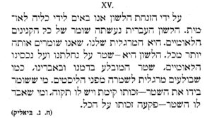 ' על ידי הזנחת הלשון אנו באים לידי כליה לאומית. הלשון העברית נעשתה שומר של כל הקניינים הלאומיים. היא המרגלית שלנו, שאנו שומרים אותה יותר מכל. הלשון היא -שטר על נחלתנו ועל נכסינו הלאומיים, שטר המובלע בדמנו ובאברינו, כמו שבולעים מרגלית לשמרה מפני הליסטים. כמי ששומר בידו את השטר- זכותו קימת ויש לו תקוה, ומי שאבד לו את השטר- פקעה זכותו על הכל. (ח. נ. ביאליק) מתוך 'ילקוט עברי'