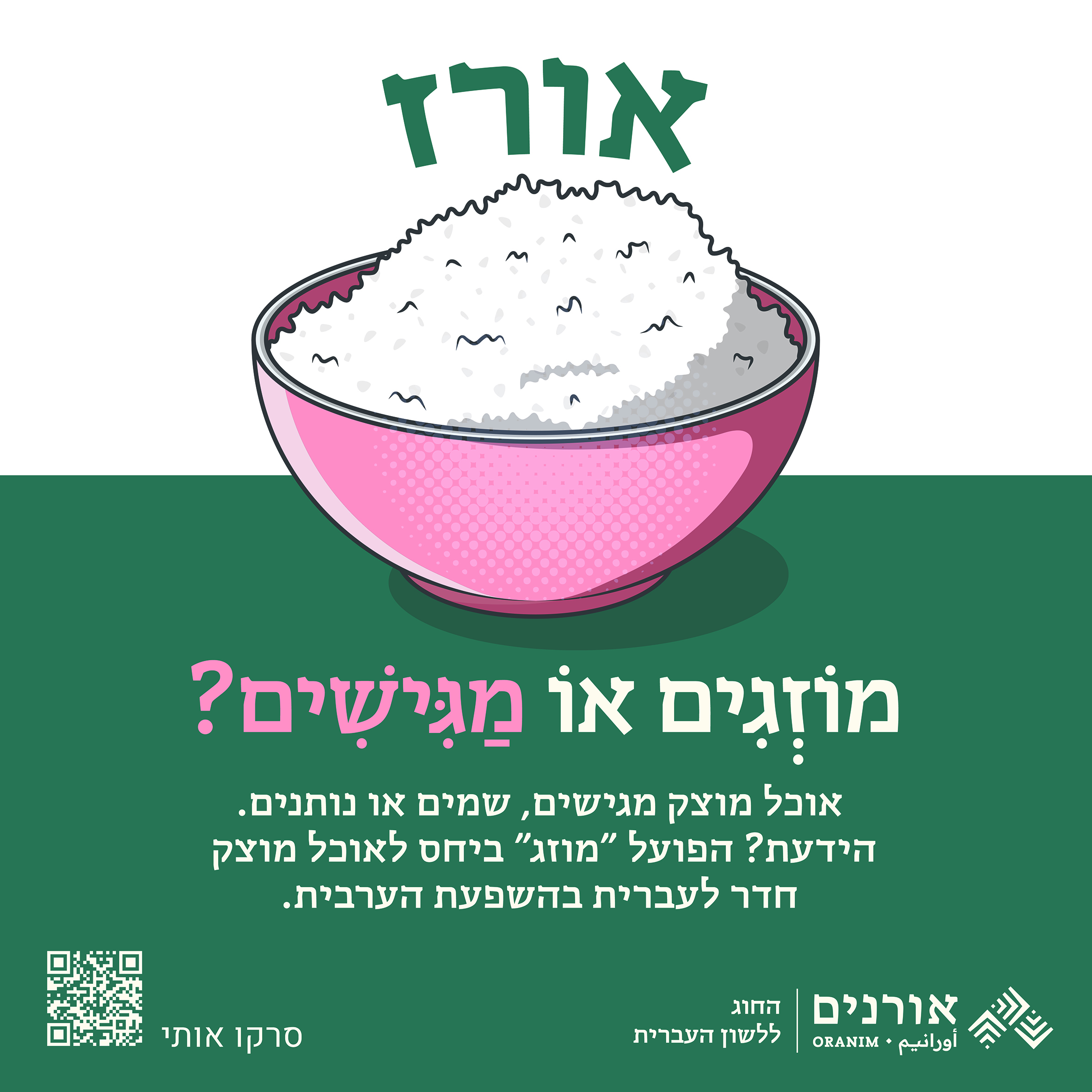 אורז מוזגים או מגישים? אוכל מוצק מגישים, שמים או נותנים. הידעת? הפועל "מוזג" ביחס לאוכל מוצק חדר לעברית בהשפעת הערבית.