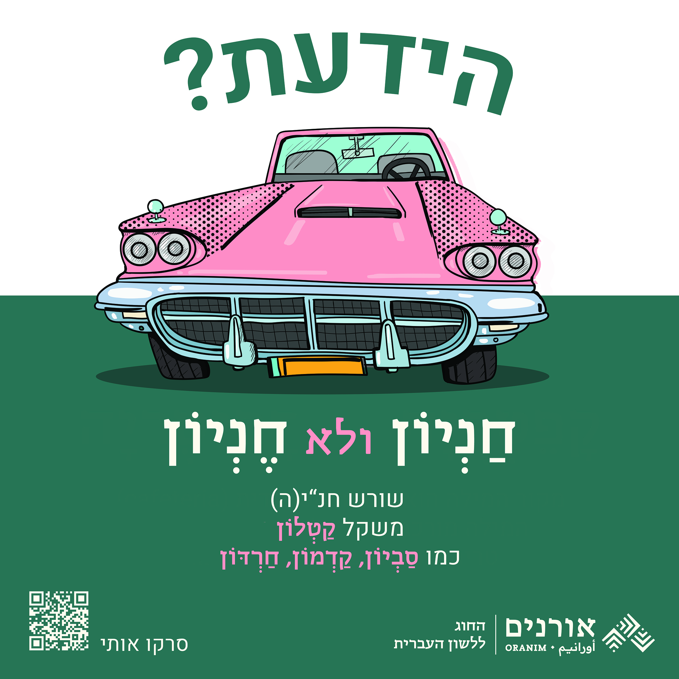 הידעת? חַנְיוֹן ולא חֶנְיוֹן שורש חנ"י (ה) משקל קטלון כמו סביון, קדמון, חרדון