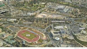 תמונה של גבעת רם בה מסומנים המקומות האלה: כנסת ישראל, משרד האוצר, מוזיאון הטבע (מתוכנן), מוזיאון המדע, מגרש מנווה האקדמיה ללשון העברית, אצטדיון, מוזיאון ארצות המקרא, מוזיאון ישראל